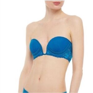 NWT La Perla Lapis Blue Leavers Lace Bra Plunge Underwire Strapless Sz 34D